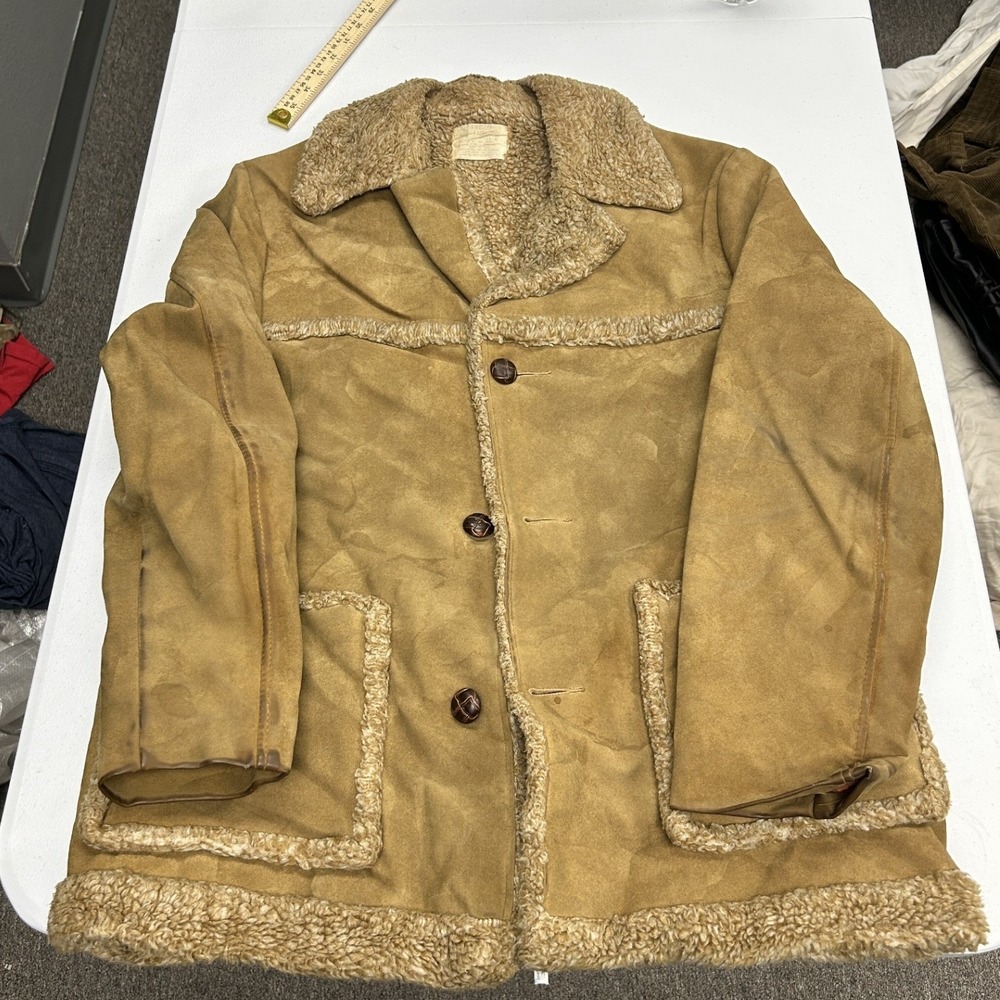 70s Fingerhut fashion Vintage Suede Shearling Coat Mens Large Tan Rancher Jacket